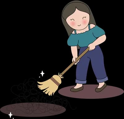 Girl sweeping a spill of black ink blobs off the floor with a broom