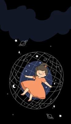 Small girl in an orange dress tumbling inside a blue circle far below a heavy grey cloud