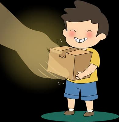 Boy hoisting a large cardboard box onto his shoulder with light streaming behind