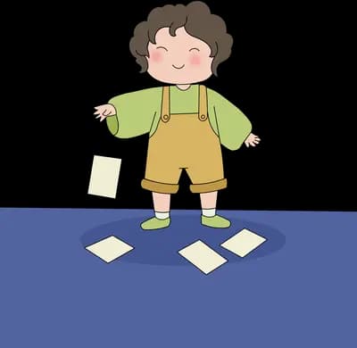 Girl standing on blue water launching a paper boat among floating sheets of paper