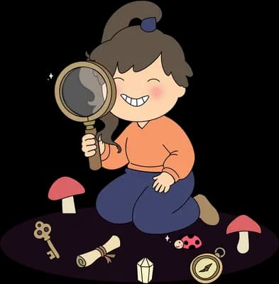 Girl kneeling with a magnifying glass over scattered keys, scrolls and a compass