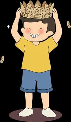 Boy lifting a golden crown onto his own head
