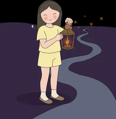 Girl holding an oil lantern at the start of a dark winding path at night