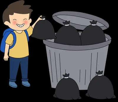 Boy with a backpack dropping a black rubbish bag into an overflowing dustbin