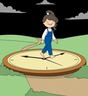 Girl walking across a giant compass face turning its needle with a rope