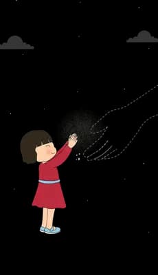 Small girl in a red dress on a grey rock holding up a tangled grey scribble