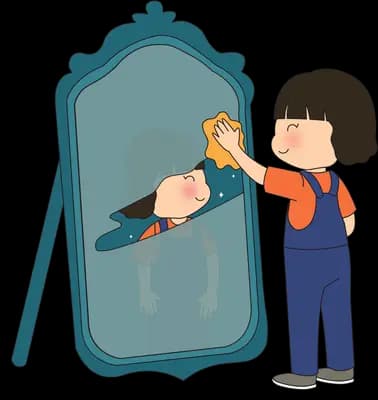 Boy in dungarees wiping a tall mirror with a sponge while his reflection lies sideways in the glass
