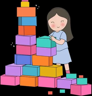 Girl stacking a tall tower of colourful blocks beside a wide pile of them