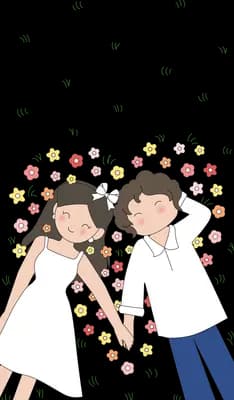 Girl and boy lying side by side on white bedding scattered with small flowers