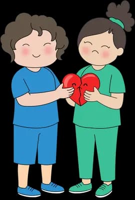 Girl handing a red heart to another girl in green who is stitching it up