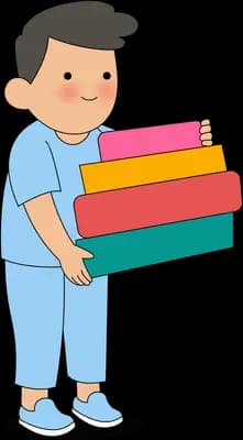 Boy carrying a stack of colourful books in both arms