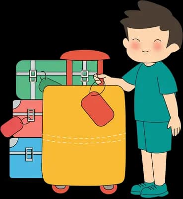 Boy standing with his head lowered beside a yellow wheeled suitcase and a stack of luggage