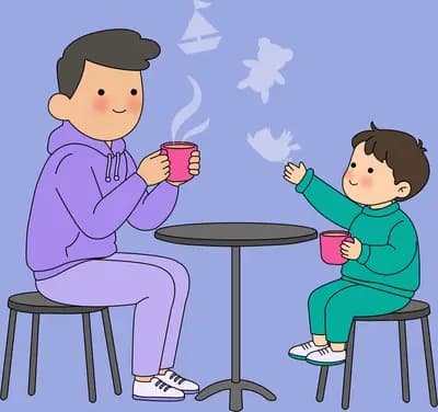 Man and boy sitting on stools at a small round table with a steaming cup on a purple panel