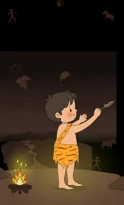 Child in animal hide clothing holding a torch in a dark cave beside a small fire while bats fly overhead