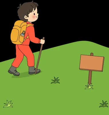 Gardener in orange overalls and a hat walking a green hill past a wooden signpost