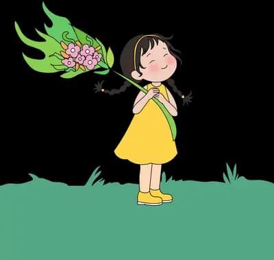 Girl in a yellow dress hugging a wrapped bouquet of pink flowers on grass
