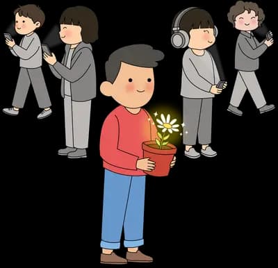 Man in a red shirt holding a potted plant while a grey crowd hurries past