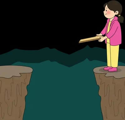Girl in pink carrying a wooden plank on a cliff edge above water
