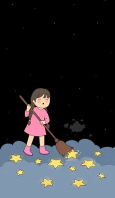 Girl in a pink dress sweeping fallen golden stars and stones with a broom
