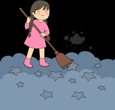 Girl in a pink dress sweeping grey stars off a pale cloud drift with a broom
