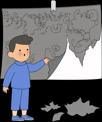 Boy in blue tearing away a grey poster to reveal white underneath
