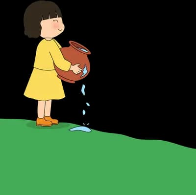 Girl in yellow on a green ledge pouring water from a jug onto seedlings in cups