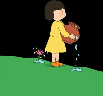 Girl in yellow pouring from a clay jug over a sprout growing in a cup on snowy ground