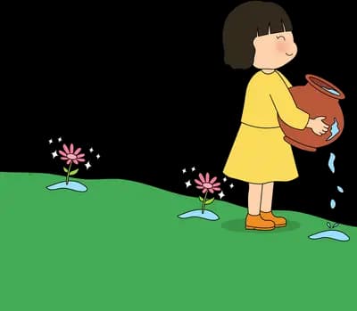 Girl in yellow watering potted sprouts on a snowy ledge among small pines