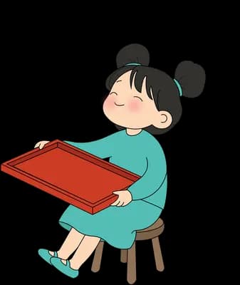 Girl in teal carrying a red tray toward a small wooden stool