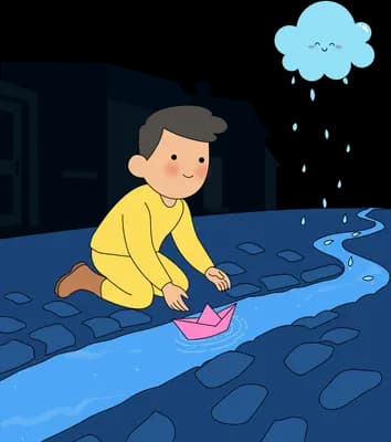 Boy kneeling by a flooded blue street floating paper boats under a rain cloud