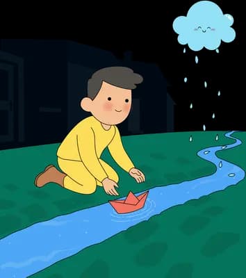 Boy launching a red paper boat onto the flooded blue street in the rain