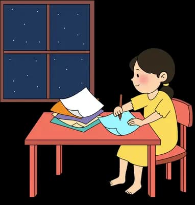 Woman in yellow folding paper at a red desk by a starry night window