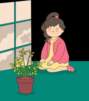 Woman in pink kneeling beside a potted plant by a bright window