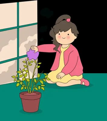 Woman in pink tipping a purple watering can over her potted plant