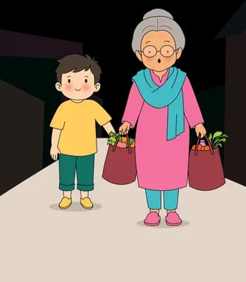 Elderly woman with shopping bags talking to a boy in a bright corridor