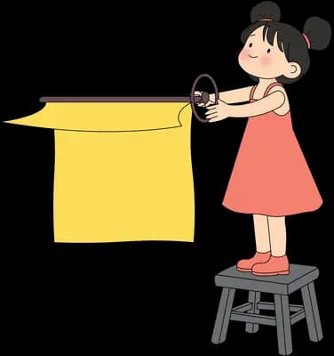 Girl on a stool with the yellow curtain half drawn along the rod