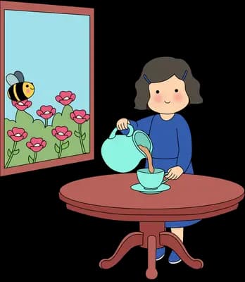 Woman in blue pouring from a glass teapot at a round red table below a framed bee picture