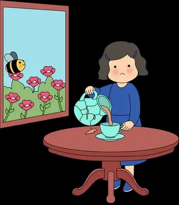Woman in blue filling a teacup at a round table under a framed picture of a bee and flowers