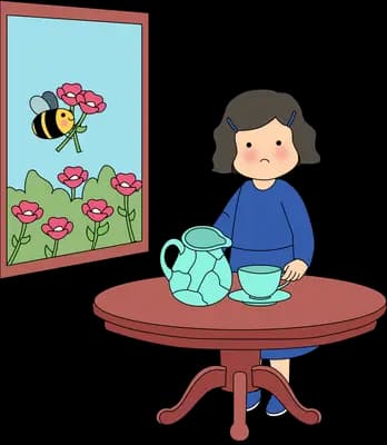 Woman at a round table with teapot and cup as a bee carries a flower in the picture