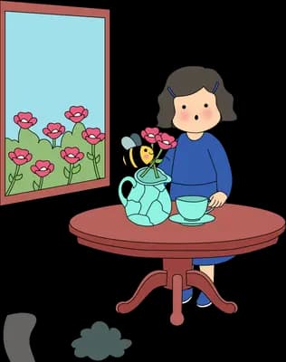 Woman at a round table as a bee flies out of the framed flower picture