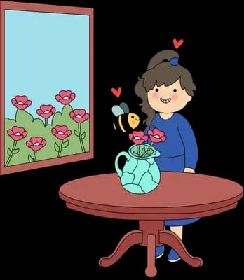 Woman at a round table catching a bee in a glass jar beneath the flower picture
