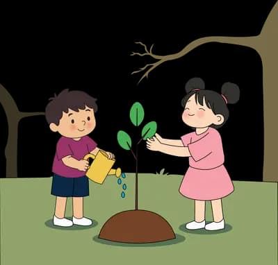 Boy watering a young sapling as a girl in pink holds its leaf