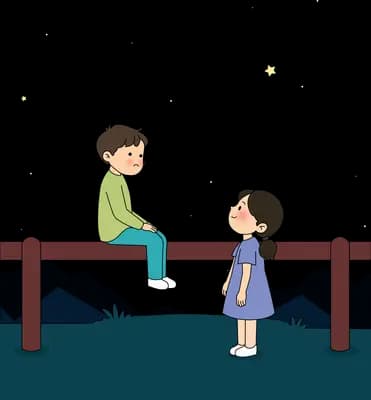 Old man perched on a bridge railing talking with a girl in a purple dress