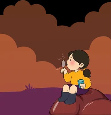 Girl in a yellow sweater sitting on a dark rock blowing bubbles under a giant whale silhouette