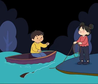 Girl on the bank holding a line to a boy sailing his orange-sailed boat