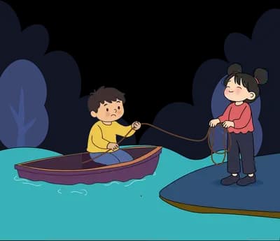 Girl standing in the shallows tugging a rope tied to a boy's sailing boat