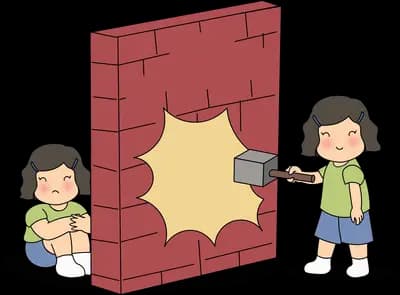 Two children swinging hammers to smash a red brick wall between them