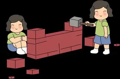 Two children knocking down the last low course of a brick wall