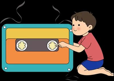 Boy pushing a giant cassette tape with its ribbon spooling out behind