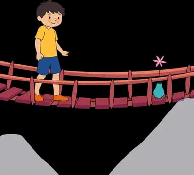 Boy walking across a rope bridge strung between two rocky cliffs